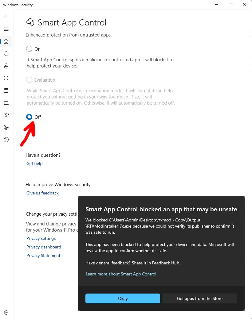 Smart App Control blocked RTXmod